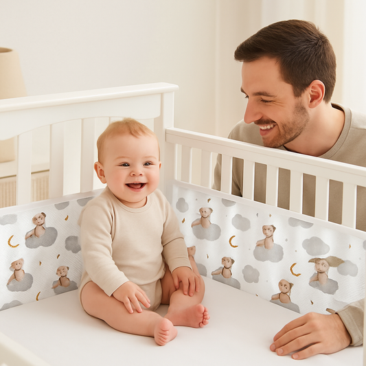 tour de lit respirant bebe assis papa