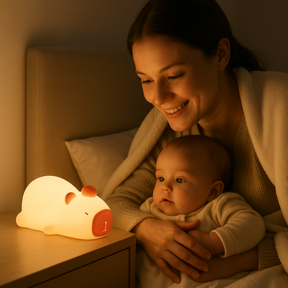 veilleuse bébé capybara bébé regarde